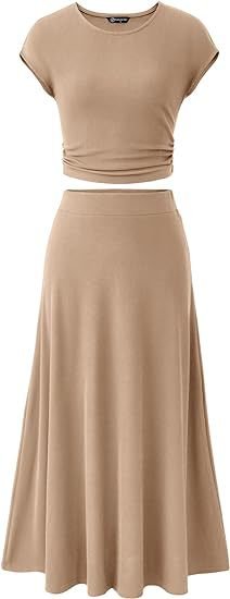 2025 Summer Casual Knitted Short Sleeve Navel Top High Waist Midi Skirt 2 - Piece Set - Negative Apparel