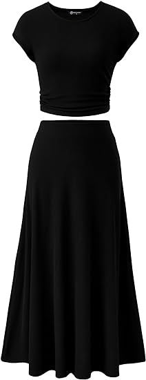 2025 Summer Casual Knitted Short Sleeve Navel Top High Waist Midi Skirt 2 - Piece Set - Negative Apparel