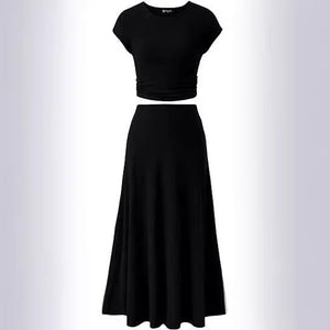 2025 Summer Casual Knitted Short Sleeve Navel Top High Waist Midi Skirt 2 - Piece Set - Negative Apparel