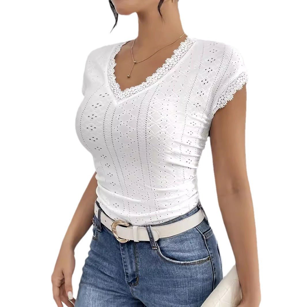 2025 summer clothing elegant lace splicing V - neck short - sleeved solid color T-shirt slim top new women - Negative Apparel