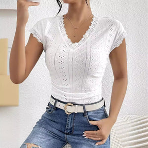 2025 summer clothing elegant lace splicing V - neck short - sleeved solid color T-shirt slim top new women - Negative Apparel