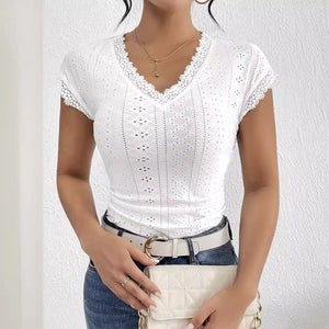 2025 summer clothing elegant lace splicing V - neck short - sleeved solid color T-shirt slim top new women - Negative Apparel