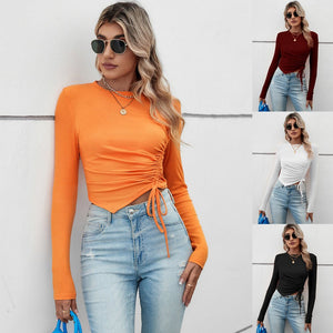 2025 Summer Comfortable Casual Irregular Short Pleated Slim Fit Long Sleeve Women's T-shirt - Negative Apparel