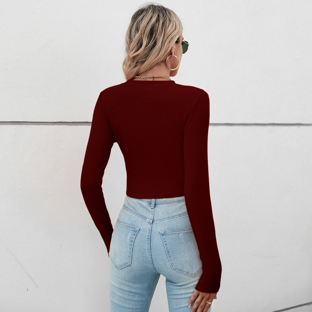 2025 Summer Comfortable Casual Irregular Short Pleated Slim Fit Long Sleeve Women's T-shirt - Negative Apparel