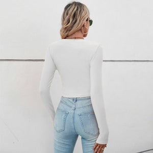 2025 Summer Comfortable Casual Irregular Short Pleated Slim Fit Long Sleeve Women's T-shirt - Negative Apparel