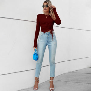 2025 Summer Comfortable Casual Irregular Short Pleated Slim Fit Long Sleeve Women's T-shirt - Negative Apparel