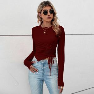 2025 Summer Comfortable Casual Irregular Short Pleated Slim Fit Long Sleeve Women's T-shirt - Negative Apparel