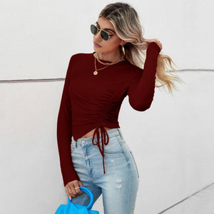 2025 Summer Comfortable Casual Irregular Short Pleated Slim Fit Long Sleeve Women's T-shirt - Negative Apparel