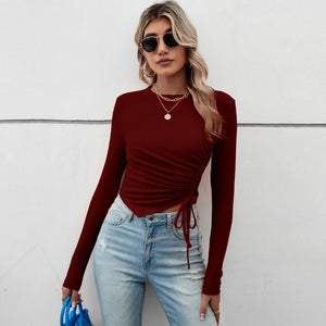 2025 Summer Comfortable Casual Irregular Short Pleated Slim Fit Long Sleeve Women's T-shirt - Negative Apparel