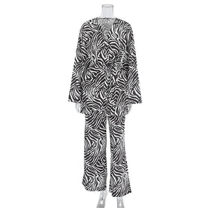 2025 Summer Cool Zebra Print Lace - up Long Sleeve Pants Two - piece Elastic Casual Loungewear - Negative Apparel