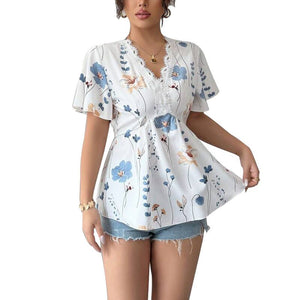 2025 summer holiday style an and n short - sleeved tops lace v - neck shirt small floral pullover for women - Negative Apparel