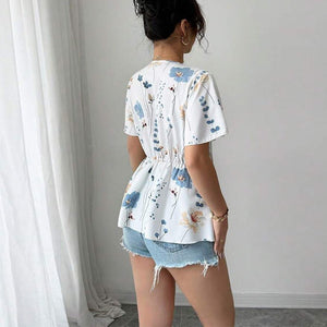 2025 summer holiday style an and n short - sleeved tops lace v - neck shirt small floral pullover for women - Negative Apparel