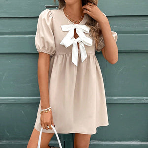 2025 Summer New an and n Short Sleeve Dress Design Bowknot Collar Sleeve A - line Dress Women - Negative Apparel