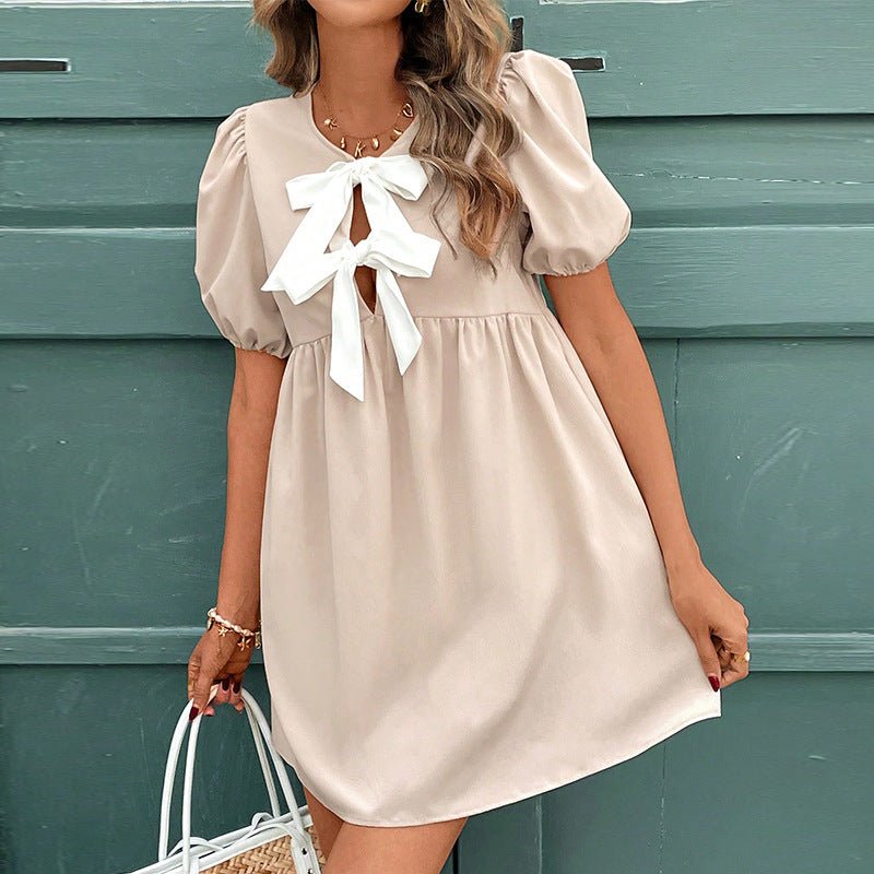 2025 Summer New an and n Short Sleeve Dress Design Bowknot Collar Sleeve A - line Dress Women - Negative Apparel