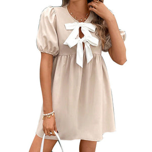 2025 Summer New an and n Short Sleeve Dress Design Bowknot Collar Sleeve A - line Dress Women - Negative Apparel