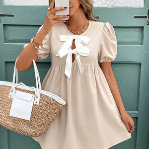 2025 Summer New an and n Short Sleeve Dress Design Bowknot Collar Sleeve A - line Dress Women - Negative Apparel