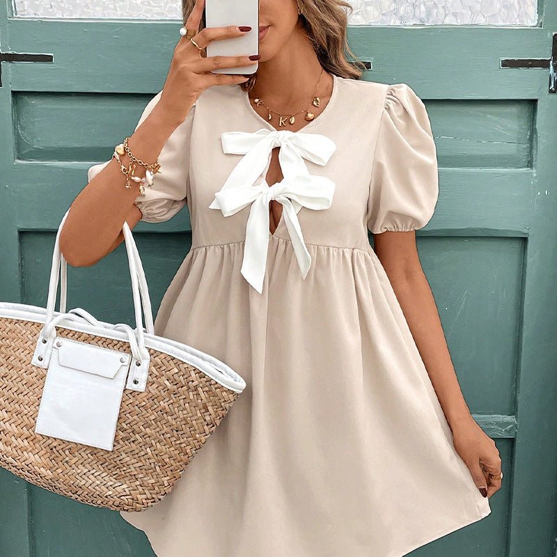 2025 Summer New an and n Short Sleeve Dress Design Bowknot Collar Sleeve A - line Dress Women - Negative Apparel