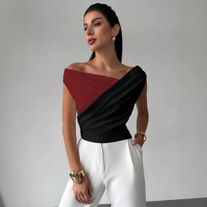 2025 summer new color matching slash shoulder pleated edge slim and thin versatile temperament commuter top women - Negative Apparel