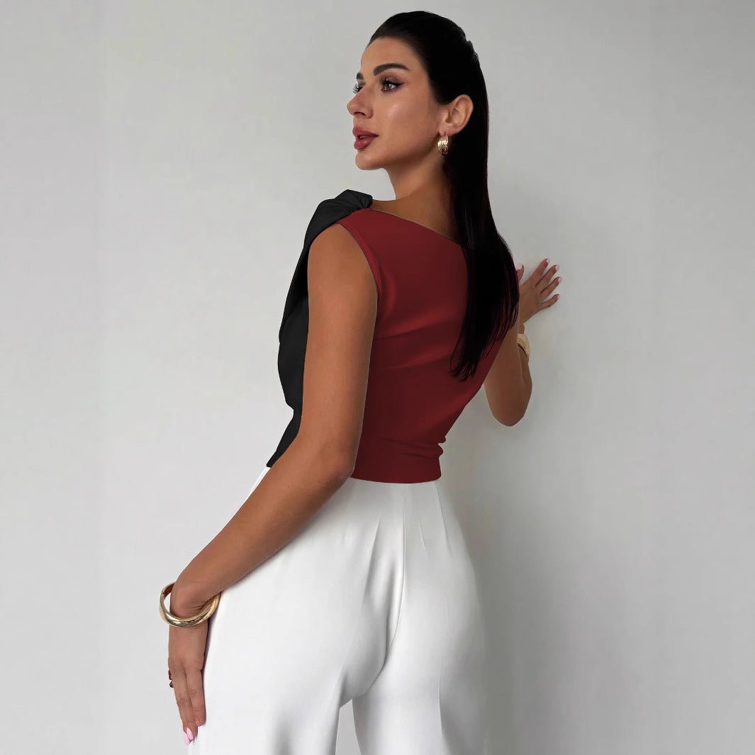 2025 summer new color matching slash shoulder pleated edge slim and thin versatile temperament commuter top women - Negative Apparel