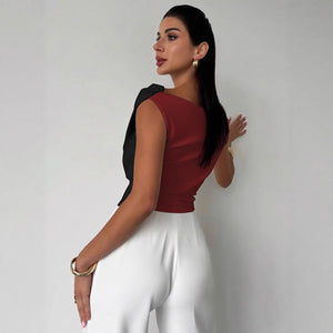 2025 summer new color matching slash shoulder pleated edge slim and thin versatile temperament commuter top women - Negative Apparel