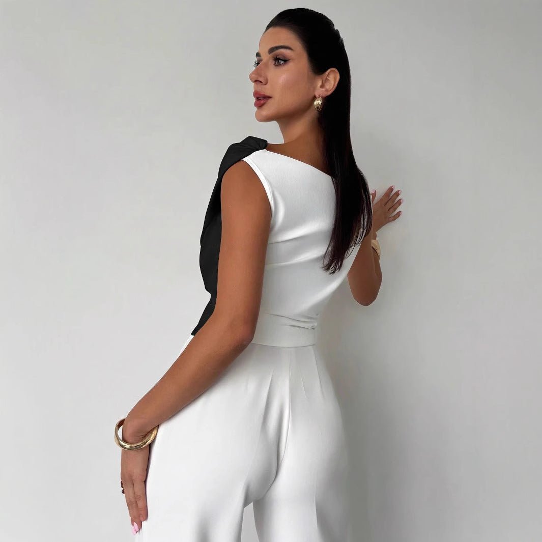 2025 summer new color matching slash shoulder pleated edge slim and thin versatile temperament commuter top women - Negative Apparel