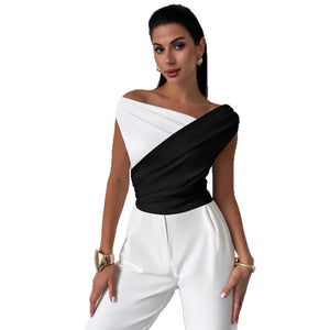 2025 summer new color matching slash shoulder pleated edge slim and thin versatile temperament commuter top women - Negative Apparel