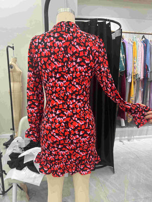 2025 summer new elegant printed pleated design long - sleeved dress stand - up collar ruffled dress - Negative Apparel