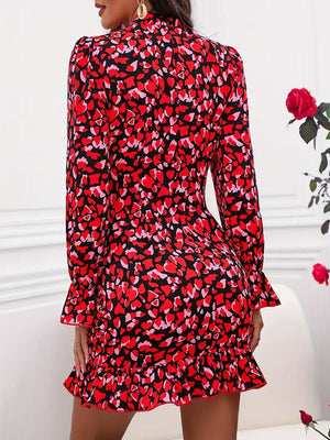 2025 summer new elegant printed pleated design long - sleeved dress stand - up collar ruffled dress - Negative Apparel
