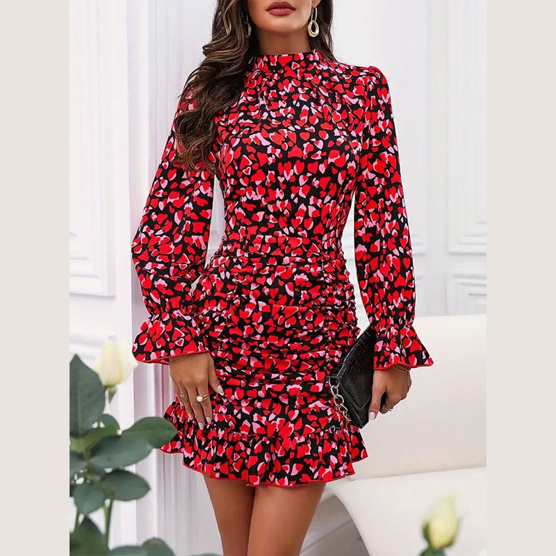 2025 summer new elegant printed pleated design long - sleeved dress stand - up collar ruffled dress - Negative Apparel