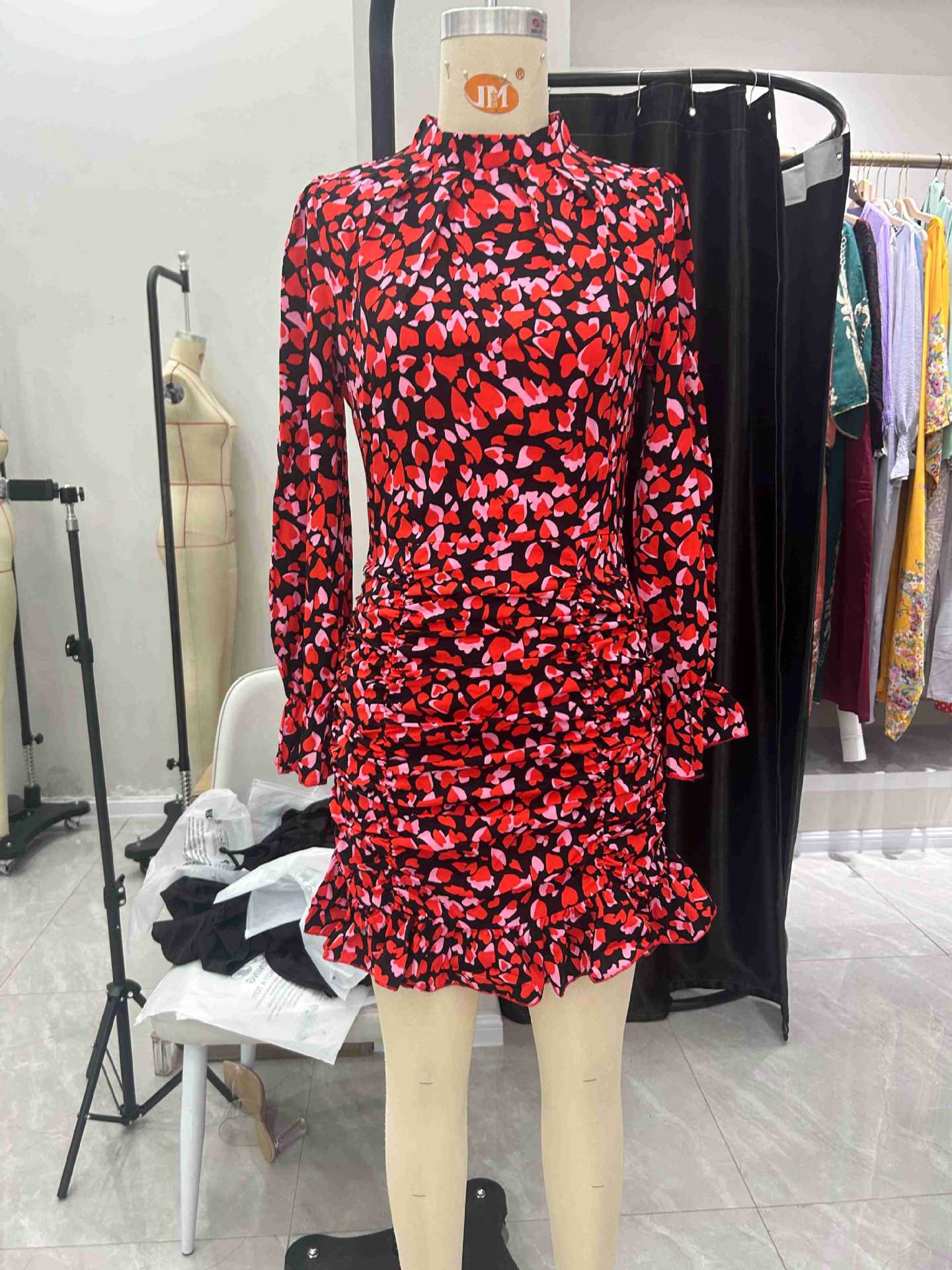 2025 summer new elegant printed pleated design long - sleeved dress stand - up collar ruffled dress - Negative Apparel