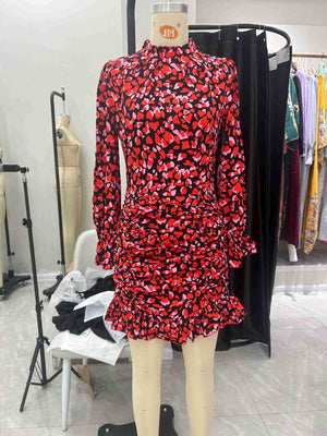 2025 summer new elegant printed pleated design long - sleeved dress stand - up collar ruffled dress - Negative Apparel