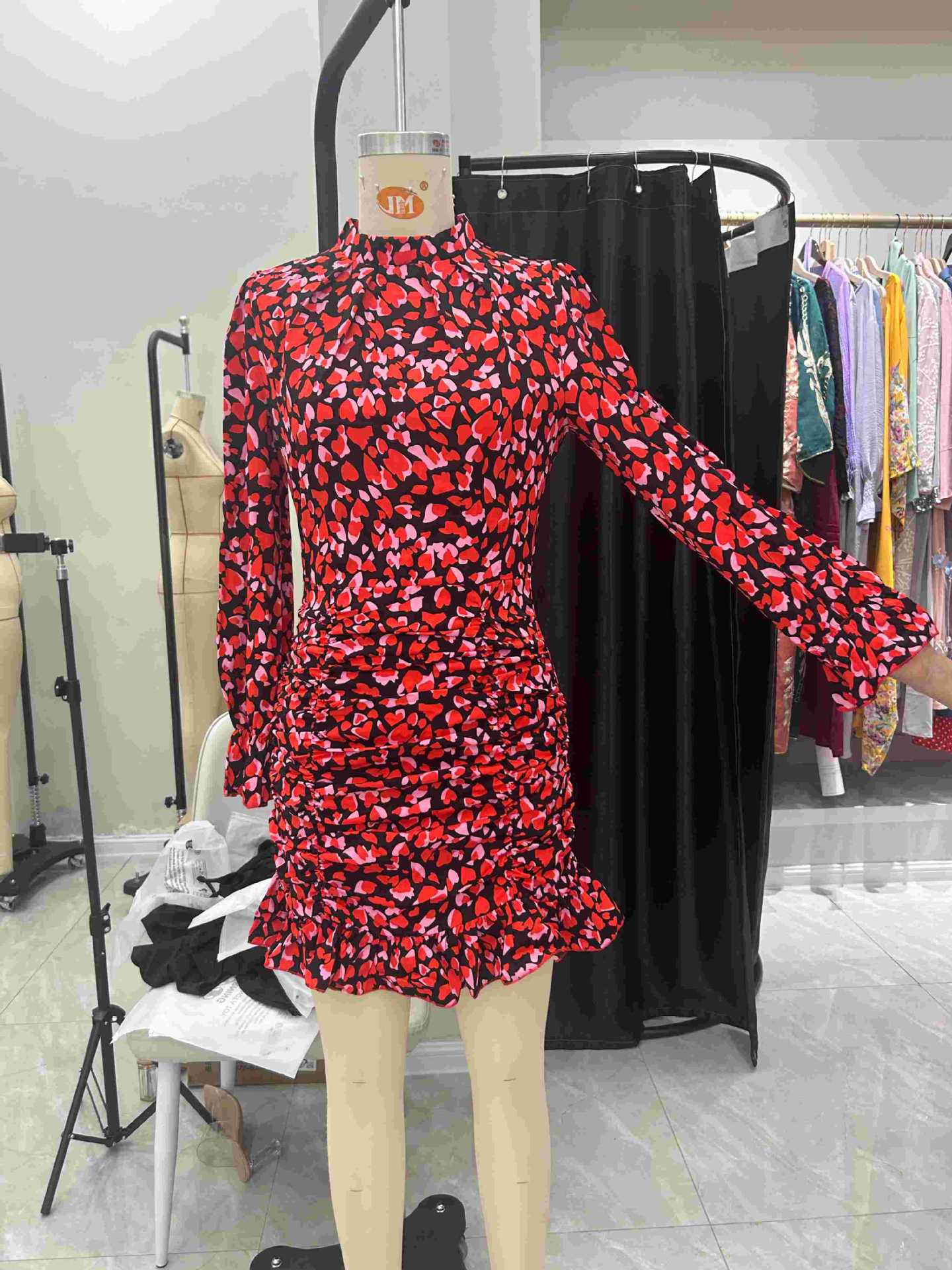 2025 summer new elegant printed pleated design long - sleeved dress stand - up collar ruffled dress - Negative Apparel