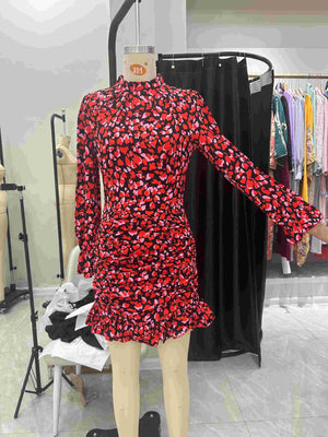 2025 summer new elegant printed pleated design long - sleeved dress stand - up collar ruffled dress - Negative Apparel