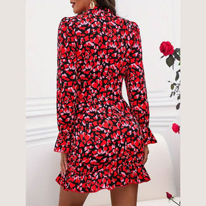 2025 summer new elegant printed pleated design long - sleeved dress stand - up collar ruffled dress - Negative Apparel