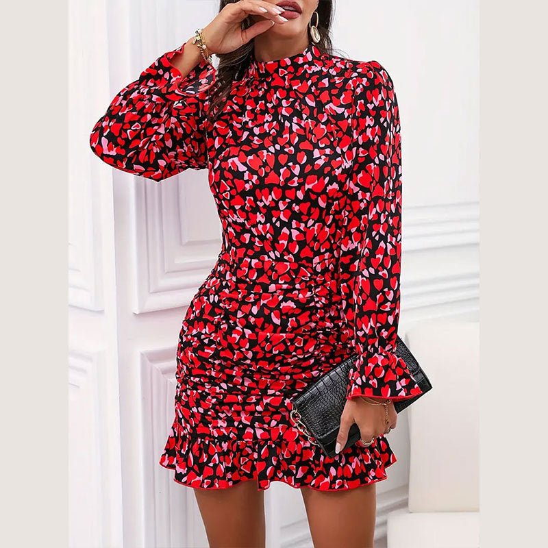 2025 summer new elegant printed pleated design long - sleeved dress stand - up collar ruffled dress - Negative Apparel