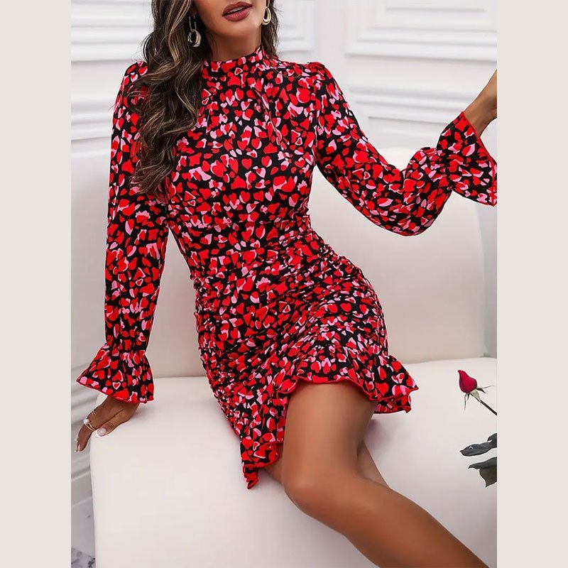 2025 summer new elegant printed pleated design long - sleeved dress stand - up collar ruffled dress - Negative Apparel
