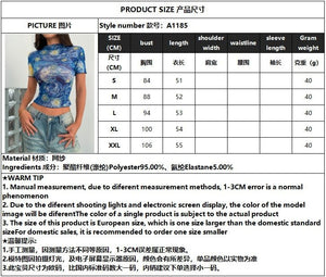 2025 summer new elegant women's blue printed short - sleeved semi - turtleneck starry sky mesh top women - Negative Apparel