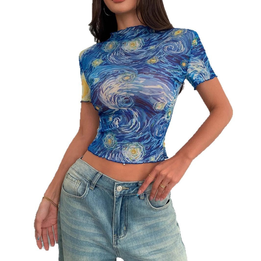 2025 summer new elegant women's blue printed short - sleeved semi - turtleneck starry sky mesh top women - Negative Apparel