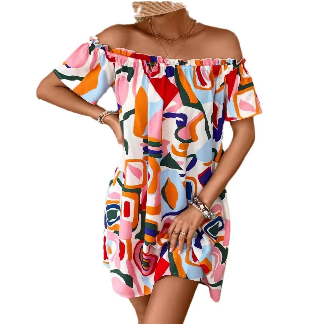 2025 summer new elegant women's tropical print off - the - shoulder dress - Negative Apparel
