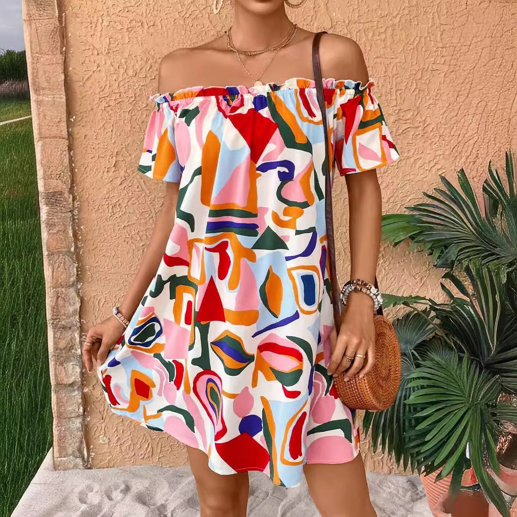 2025 summer new elegant women's tropical print off - the - shoulder dress - Negative Apparel