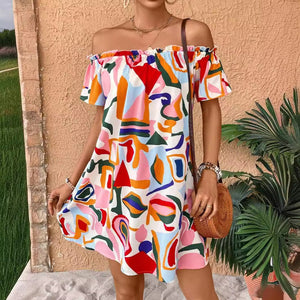 2025 summer new elegant women's tropical print off - the - shoulder dress - Negative Apparel