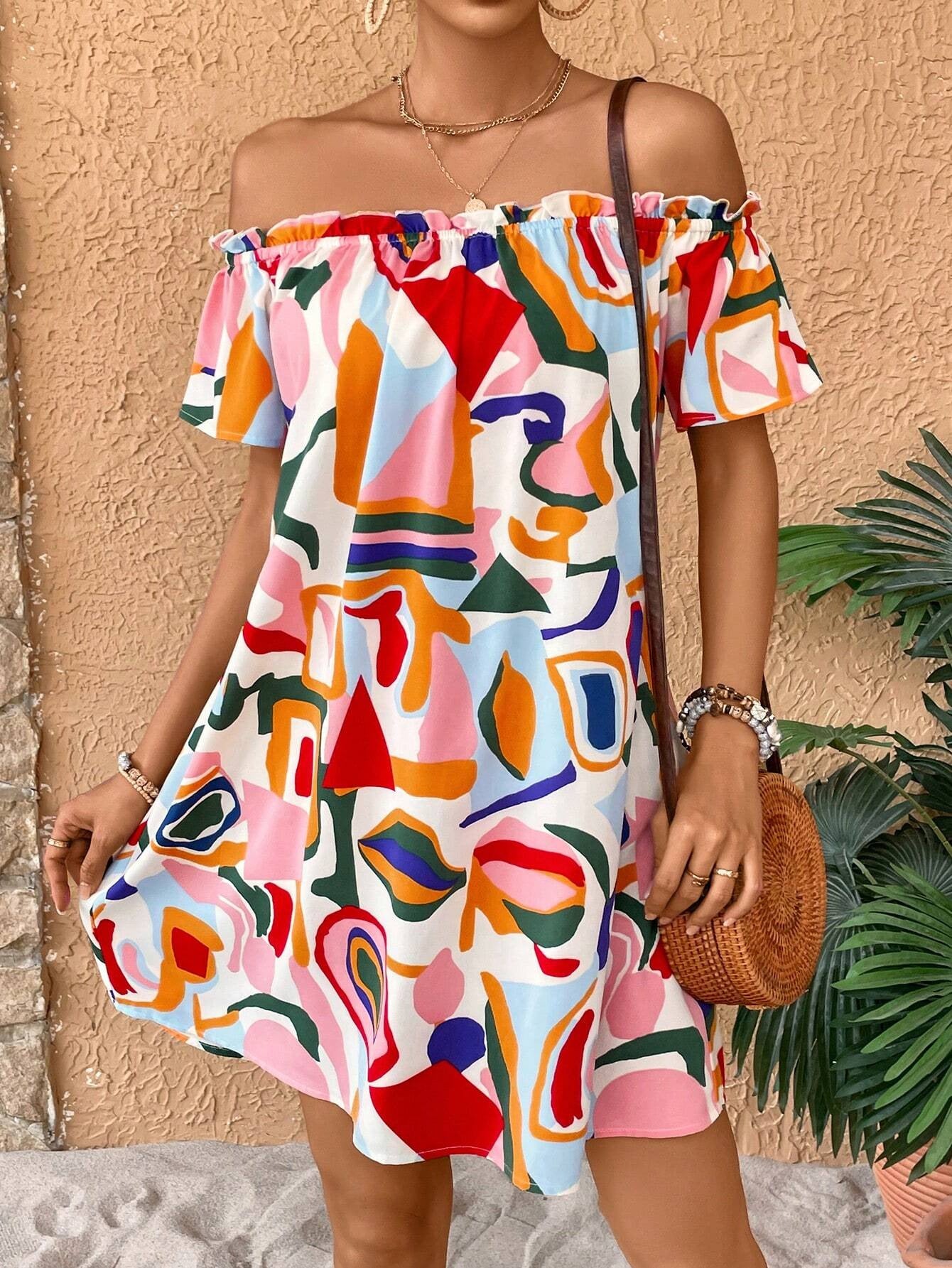 2025 summer new elegant women's tropical print off - the - shoulder dress - Negative Apparel