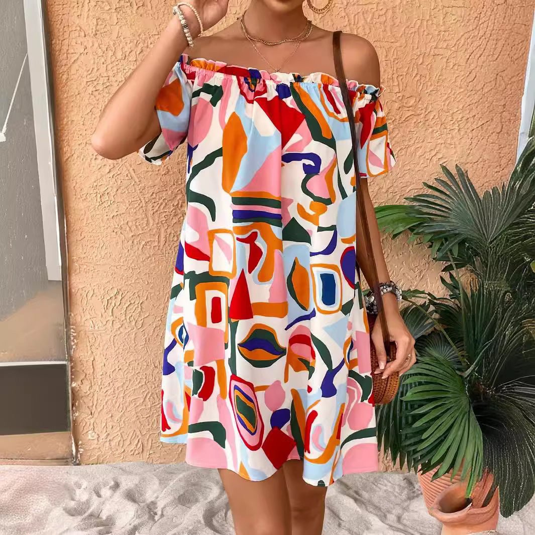 2025 summer new elegant women's tropical print off - the - shoulder dress - Negative Apparel