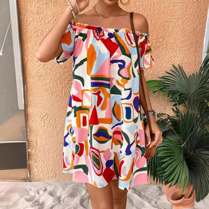 2025 summer new elegant women's tropical print off - the - shoulder dress - Negative Apparel