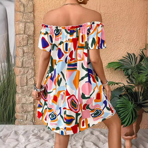 2025 summer new elegant women's tropical print off - the - shoulder dress - Negative Apparel