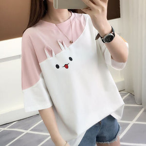2025 summer new embroidered rabbit Korean version color matching T-shirt student top loose short - sleeved top - Negative Apparel