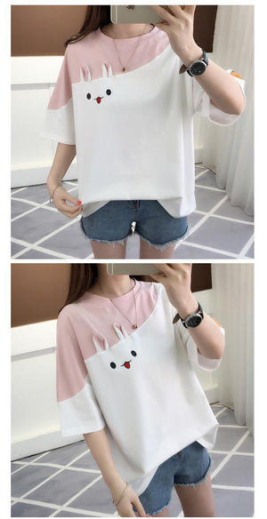 2025 summer new embroidered rabbit Korean version color matching T-shirt student top loose short - sleeved top - Negative Apparel