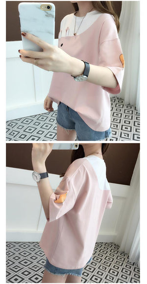 2025 summer new embroidered rabbit Korean version color matching T-shirt student top loose short - sleeved top - Negative Apparel