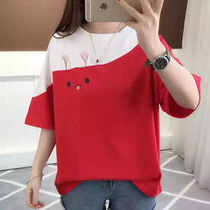 2025 summer new embroidered rabbit Korean version color matching T-shirt student top loose short - sleeved top - Negative Apparel