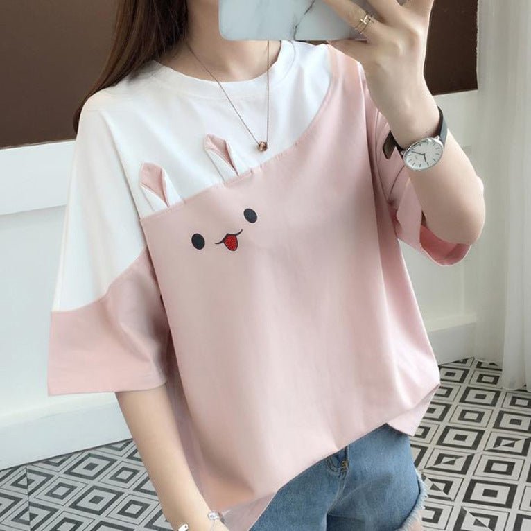 2025 summer new embroidered rabbit Korean version color matching T-shirt student top loose short - sleeved top - Negative Apparel